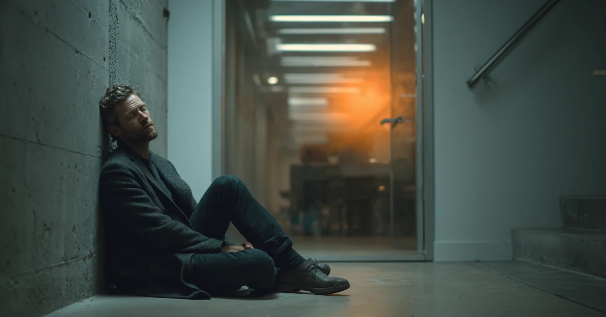 Man sitting on the floor of a concrete stairwell with his back against the wall and eyes closed, the lit office visible as a blur beyond a glass door