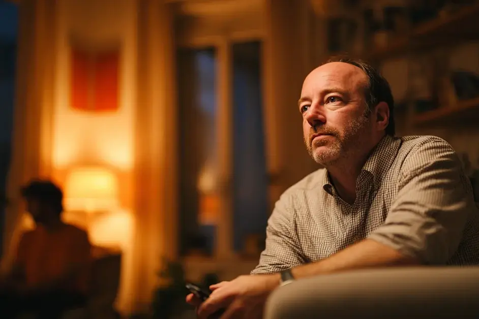 Man in an open-collared work shirt sitting on the arm of a sofa holding a phone he is not looking at, another person out of focus behind him