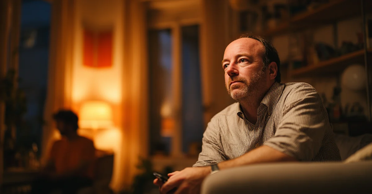Man in an open-collared work shirt sitting on the arm of a sofa holding a phone he is not looking at, another person out of focus behind him