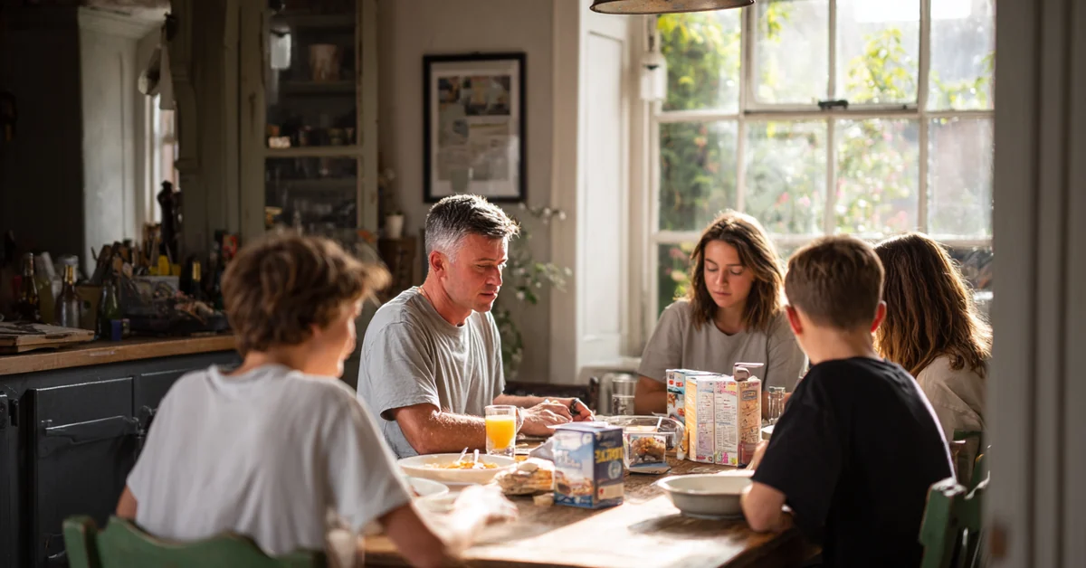 Two adults and three children of different ages around a kitchen table at breakfast, cereal boxes out, one boy turned away from the conversation