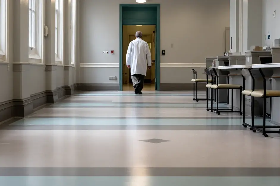 Single physician in a white coat walking away down a hospital corridor past empty workstations
