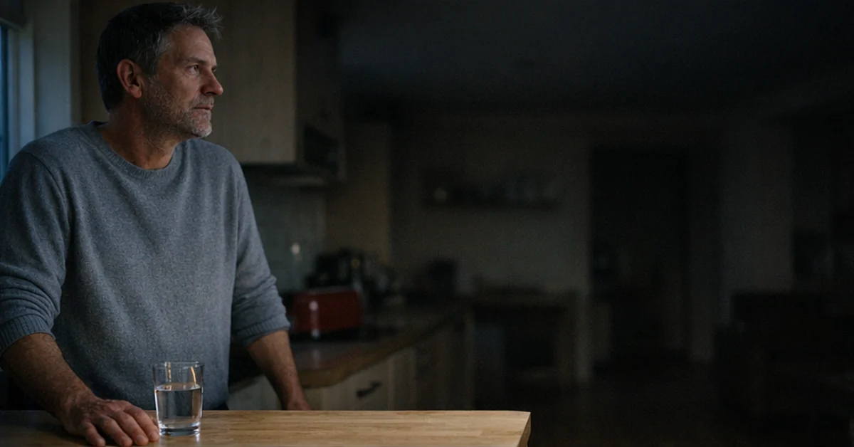 Man in a grey sweater standing at a kitchen counter before dawn, one hand flat on the counter beside a glass of water, looking out the window