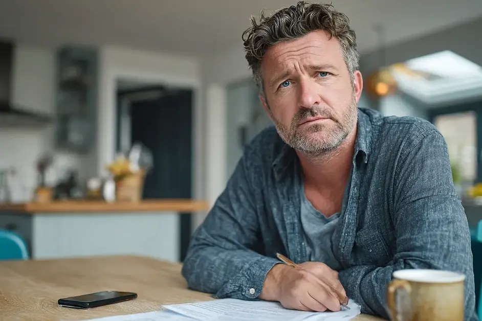 Man at a kitchen table in daylight holding a pen over a printed page of questions, his phone face down beside him