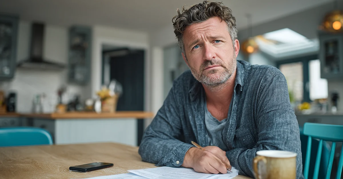Man at a kitchen table in daylight holding a pen over a printed page of questions, his phone face down beside him