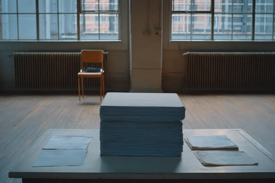 Squared stack of printed documents on a table in an empty room with tall windows and one chair