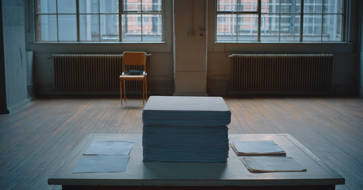 Squared stack of printed documents on a table in an empty room with tall windows and one chair