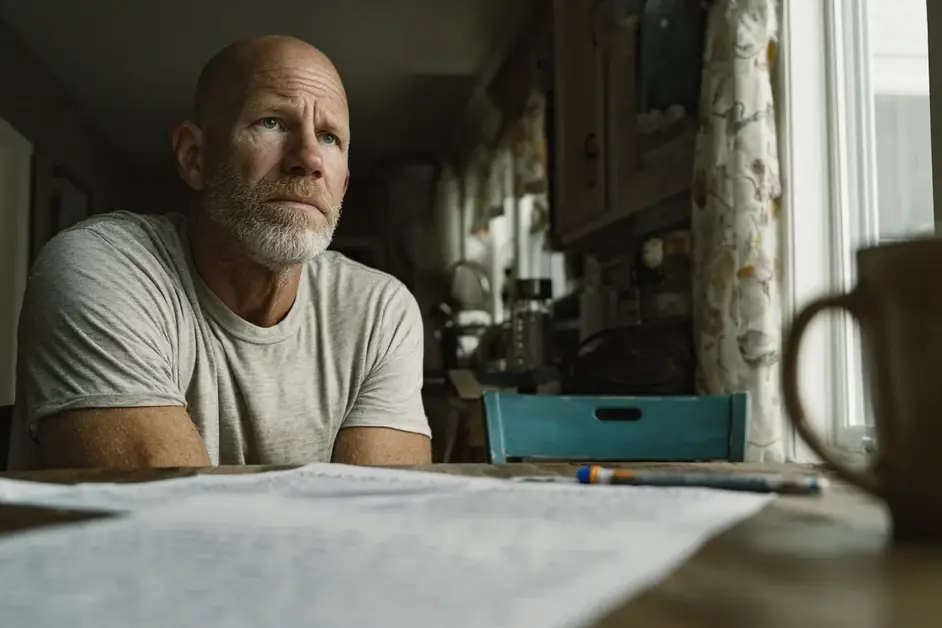 Man in his fifties at a kitchen table in the morning looking at two sheets of handwritten notes laid side by side, pen down