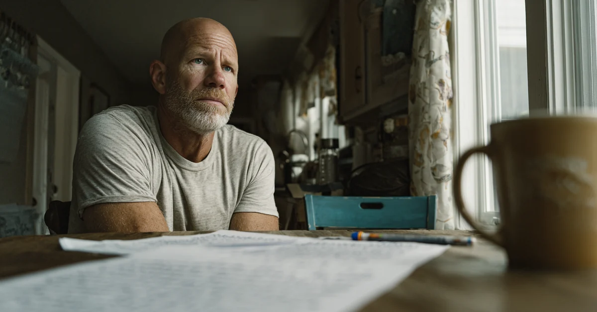 Man in his fifties at a kitchen table in the morning looking at two sheets of handwritten notes laid side by side, pen down