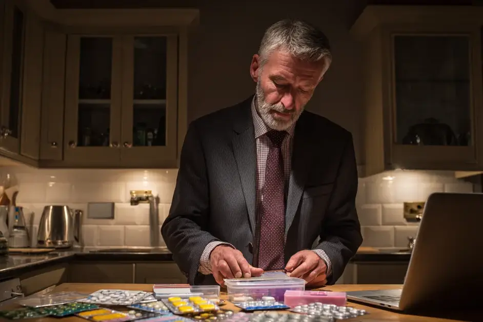 Man in a suit with his tie loosened filling a weekly pill organiser at a kitchen counter late at night, blister packs spread out and a laptop open beside him