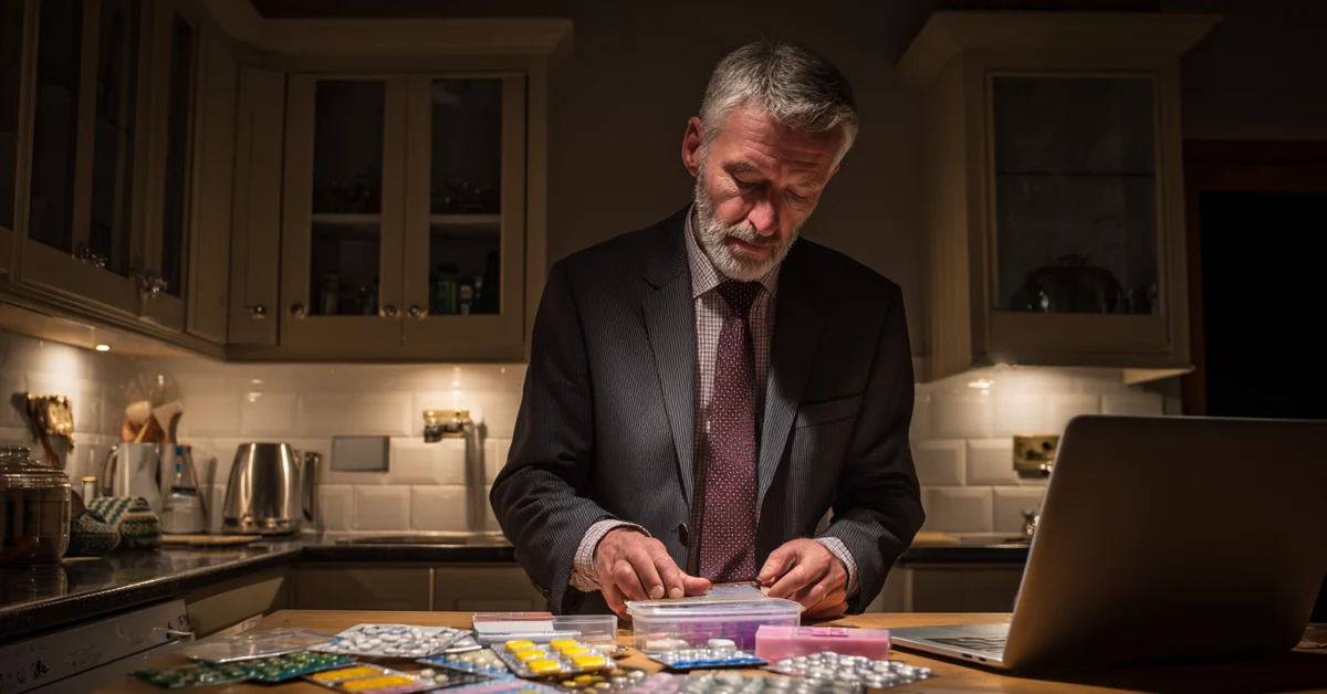 Man in a suit with his tie loosened filling a weekly pill organiser at a kitchen counter late at night, blister packs spread out and a laptop open beside him