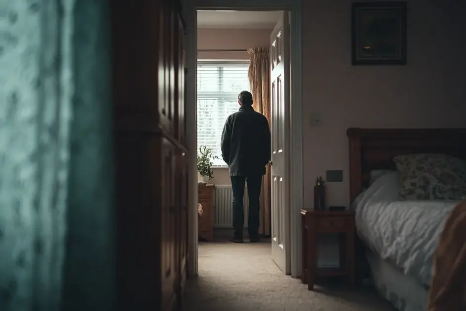 View through a doorway into a tidy childhood bedroom where a man in a coat stands still at the window with his back turned