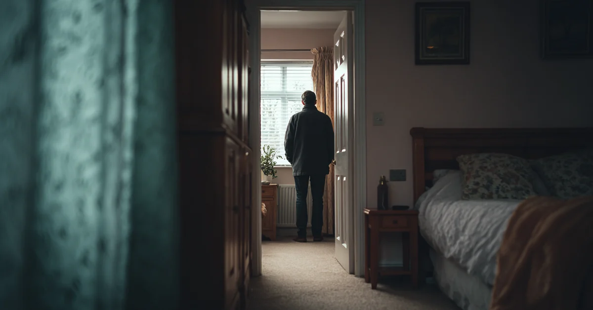 View through a doorway into a tidy childhood bedroom where a man in a coat stands still at the window with his back turned