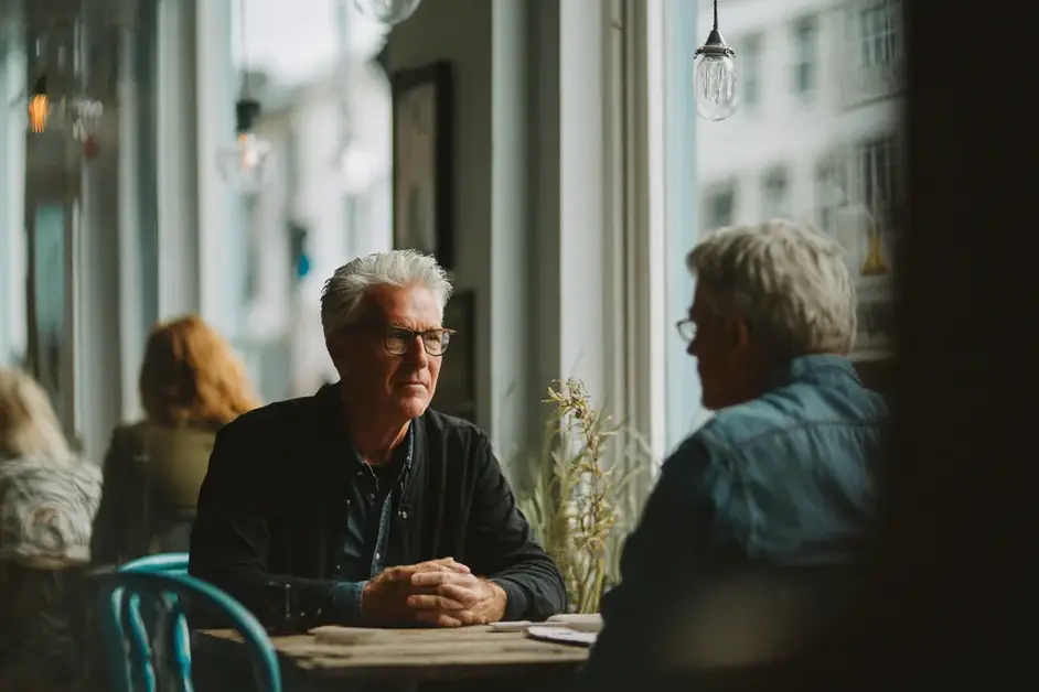 Two people seated across a cafe table by a window, one talking while the other listens with a neutral expression