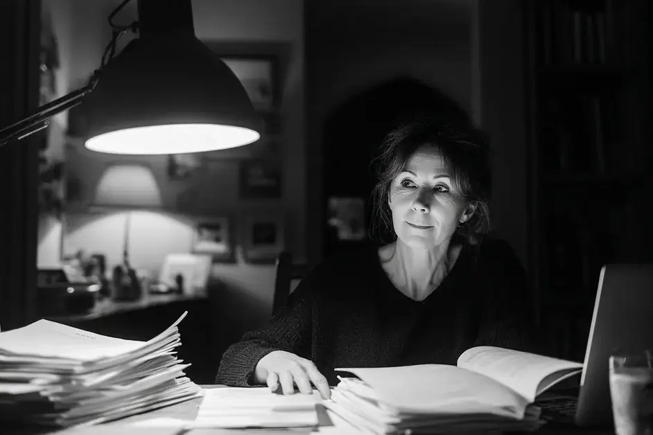 Woman at a desk late at night behind stacked papers and an open binder, one hand flat on a page, looking up from the work