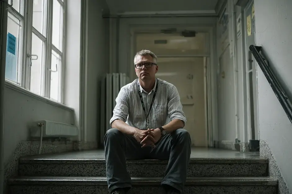 Man in a shirt and lanyard sitting alone on the steps of an office stairwell with his hands together