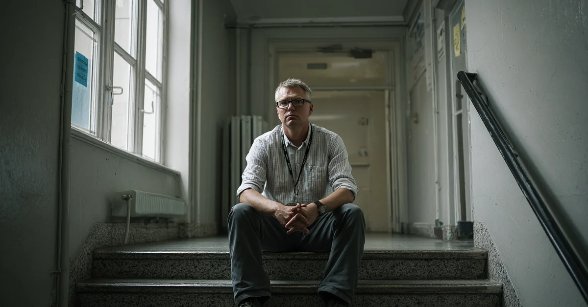 Man in a shirt and lanyard sitting alone on the steps of an office stairwell with his hands together