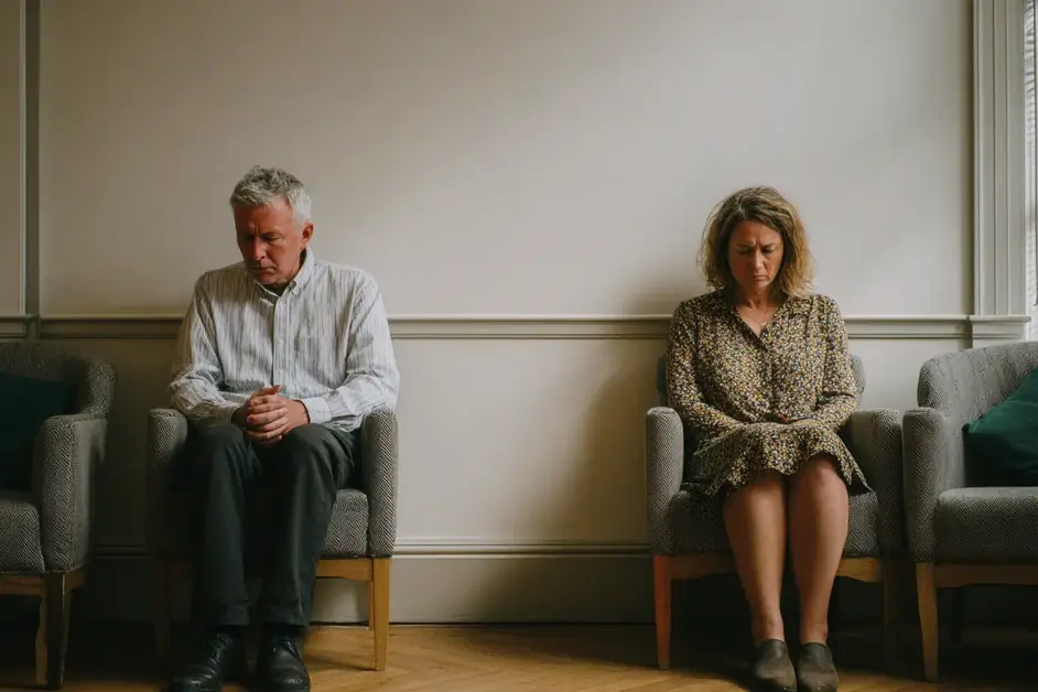 Man and woman seated in separate armchairs against a pale wall with a clear gap between them, both looking down rather than at each other