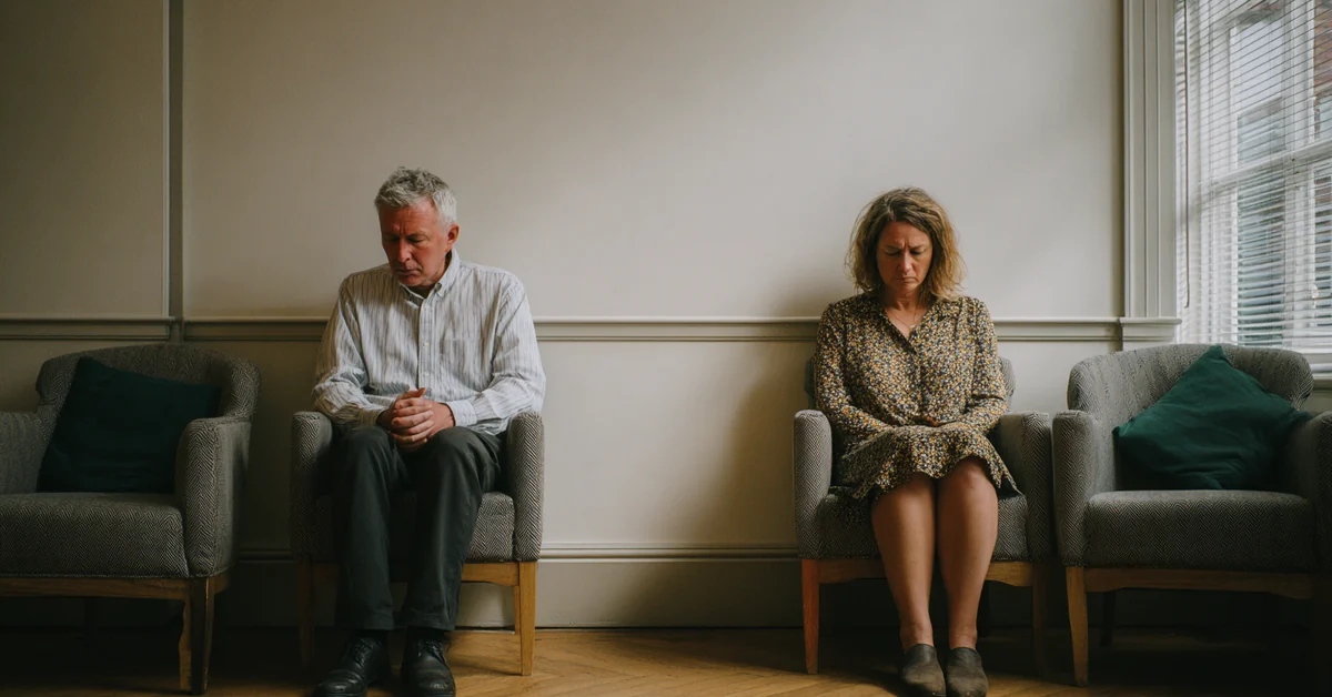 Man and woman seated in separate armchairs against a pale wall with a clear gap between them, both looking down rather than at each other