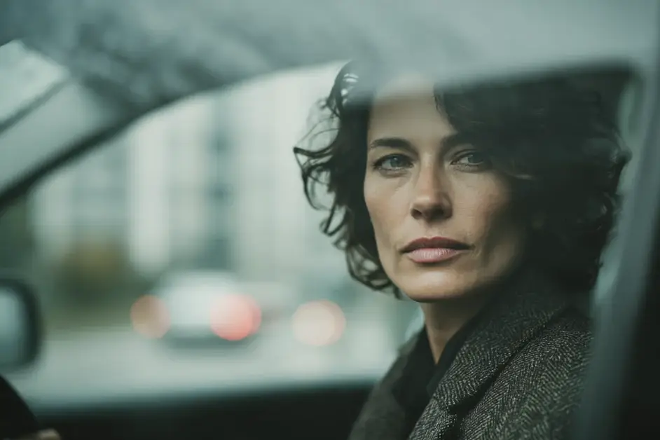 Woman in a coat sitting in a parked car outside an office building in flat morning light, looking straight ahead through the windscreen