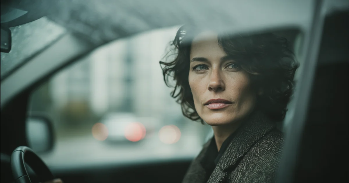 Woman in a coat sitting in a parked car outside an office building in flat morning light, looking straight ahead through the windscreen