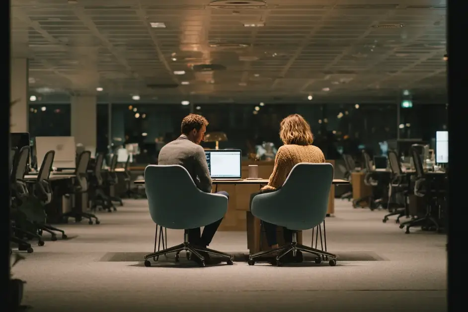 Two colleagues seated close together at a single lit desk in an otherwise dark and empty open-plan office at night