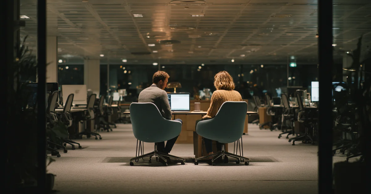 Two colleagues seated close together at a single lit desk in an otherwise dark and empty open-plan office at night