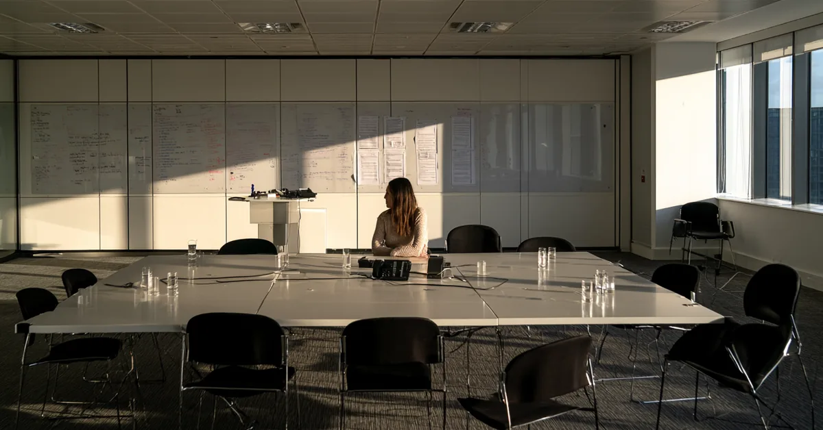 Woman sitting alone at a large empty boardroom table covered in used glasses after a meeting has ended