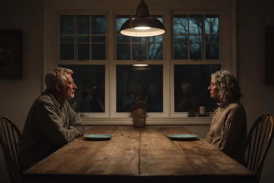 Couple in their fifties sitting at opposite ends of a long kitchen table at night with used plates pushed aside, a pendant lamp above and empty chairs between them