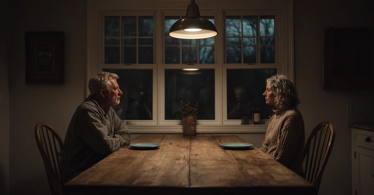 Couple in their fifties sitting at opposite ends of a long kitchen table at night with used plates pushed aside, a pendant lamp above and empty chairs between them