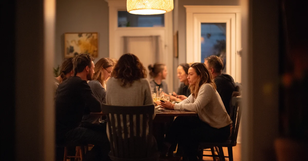 Family gathered around a lit dining table in the evening, one woman at the end holding a phone in her lap and looking away
