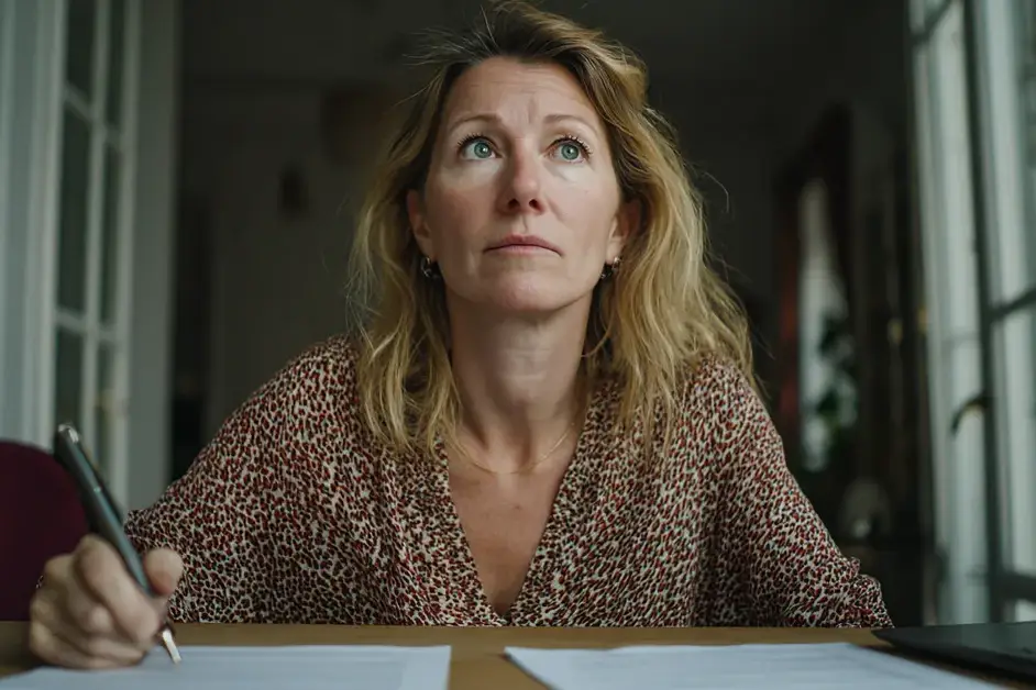 Woman at a desk with two printed documents laid side by side in front of her and a pen in her hand