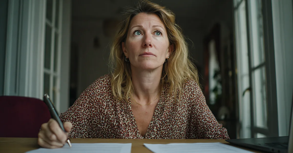 Woman at a desk with two printed documents laid side by side in front of her and a pen in her hand