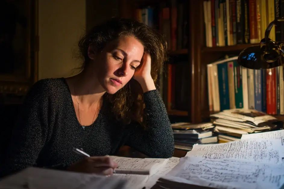Woman at a desk late at night under one lamp, hand against her temple, surrounded by open books and densely handwritten pages