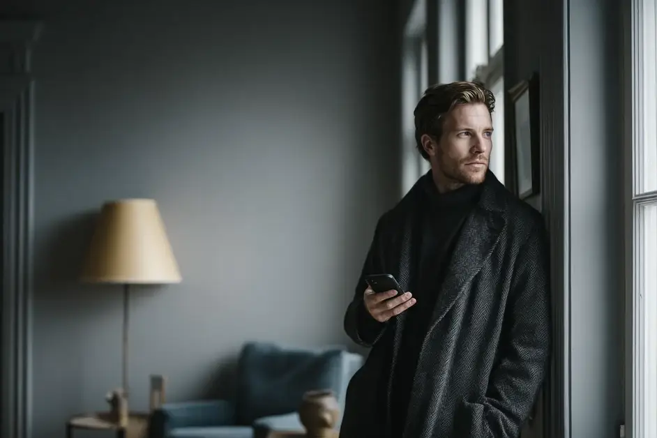 Man in a coat standing at an apartment window at dusk holding a phone, looking out rather than at the screen