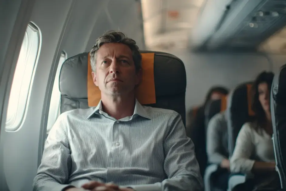 Man in a business shirt seated in an aircraft window seat looking straight ahead with his hands clasped