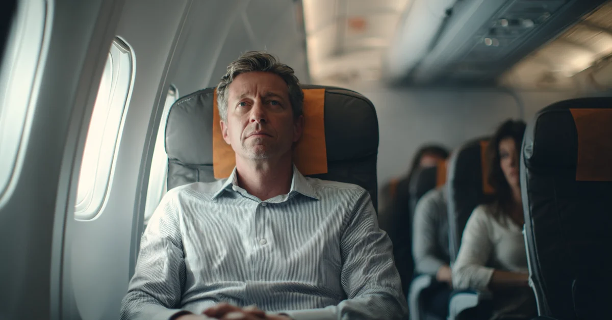 Man in a business shirt seated in an aircraft window seat looking straight ahead with his hands clasped