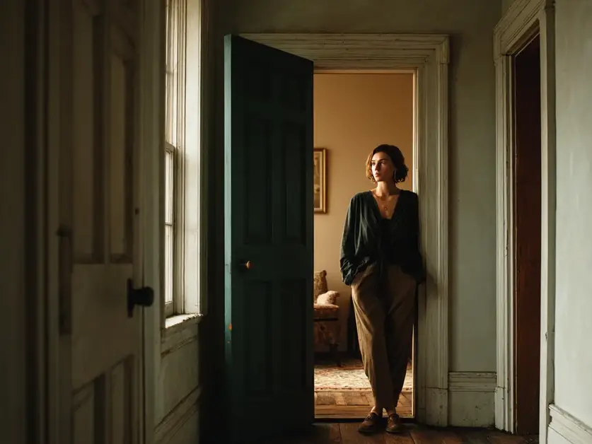 Woman standing in an open interior doorway between two rooms, one hand on the frame, warm light in the room ahead and darkness behind her