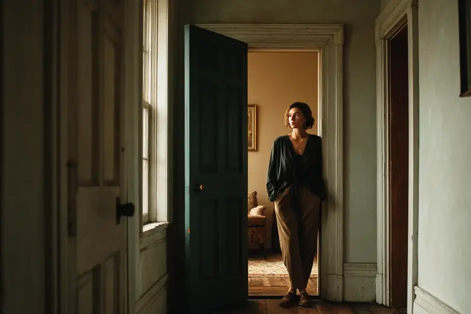 Woman standing in an open interior doorway between two rooms, one hand on the frame, warm light in the room ahead and darkness behind her