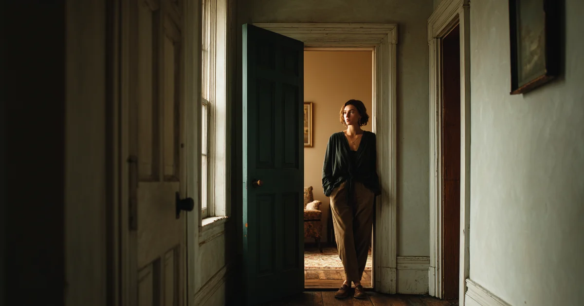 Woman standing in an open interior doorway between two rooms, one hand on the frame, warm light in the room ahead and darkness behind her
