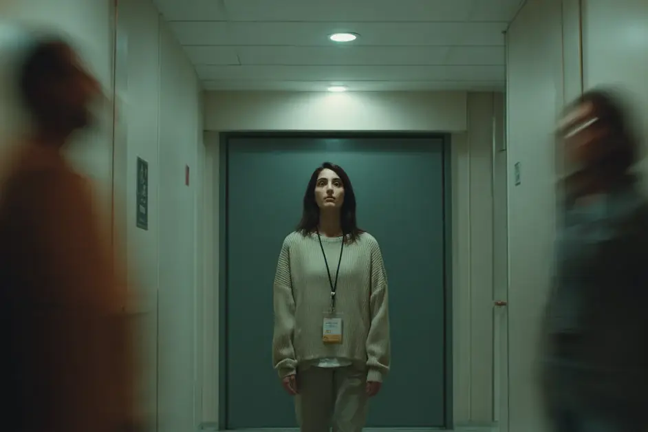 Woman in a lanyard standing still in a hospital corridor while two colleagues pass her in motion blur