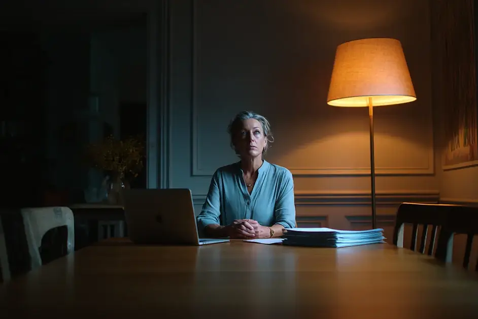 Woman sitting alone at a long dining table at night with a closed laptop and a thick stack of statements, hands folded, looking past the screen