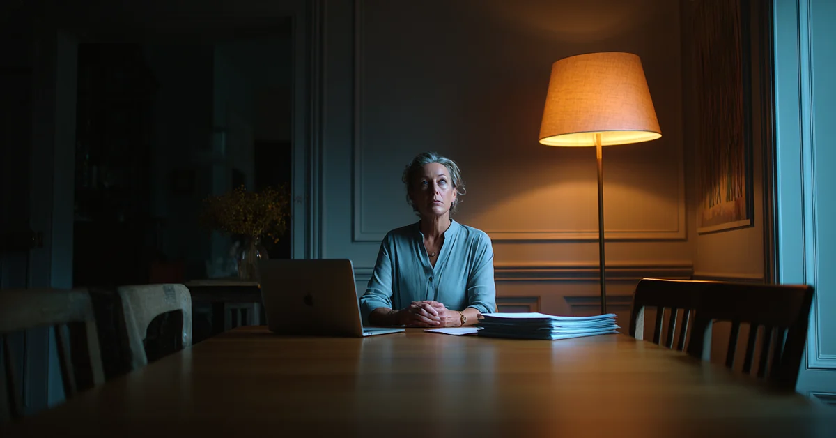 Woman sitting alone at a long dining table at night with a closed laptop and a thick stack of statements, hands folded, looking past the screen