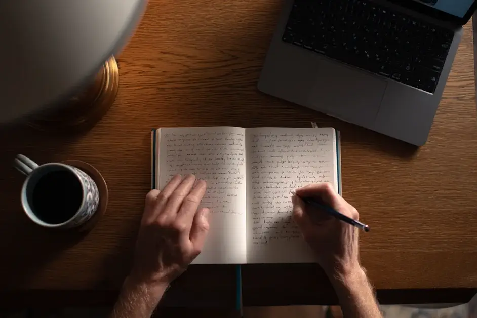 Overhead view of a person's hands writing dated entries in a lined notebook at a kitchen table at night, closed laptop and a mug beside it