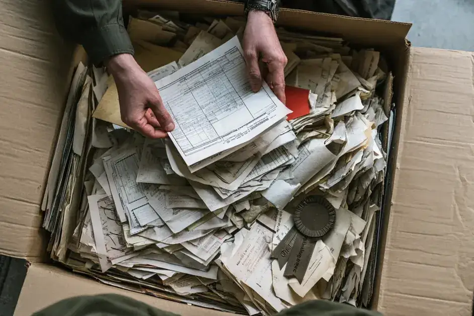 Overhead view of hands sorting through an open box overflowing with old papers and documents