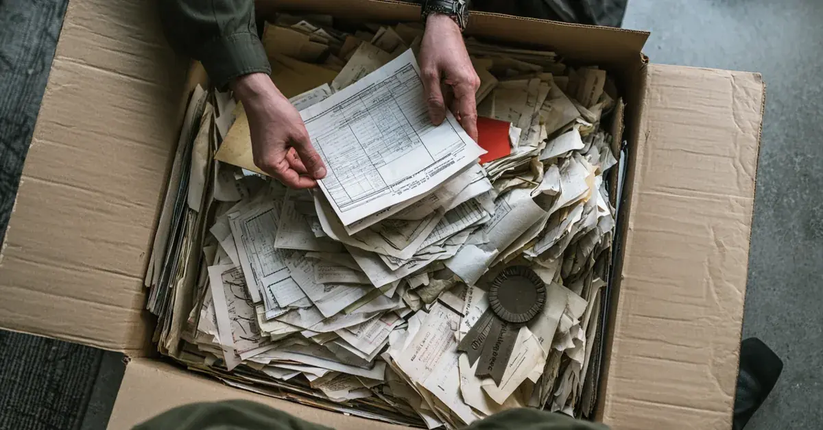 Overhead view of hands sorting through an open box overflowing with old papers and documents