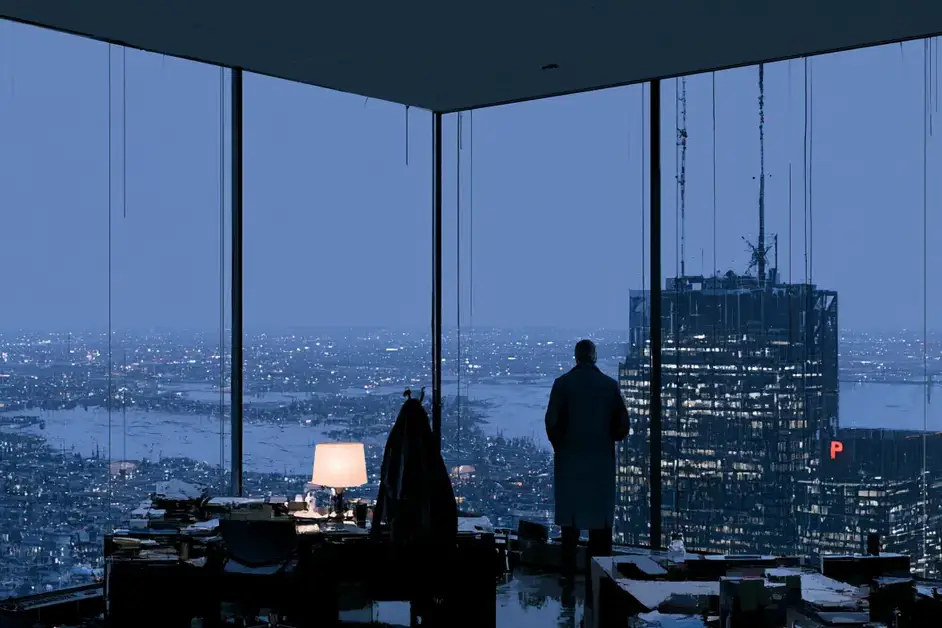 Silhouetted executive standing alone in a high-floor corner office overlooking a vast city skyline at dusk
