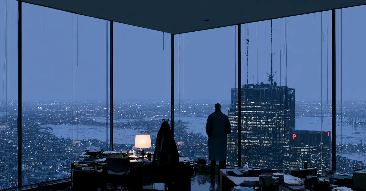 Silhouetted executive standing alone in a high-floor corner office overlooking a vast city skyline at dusk