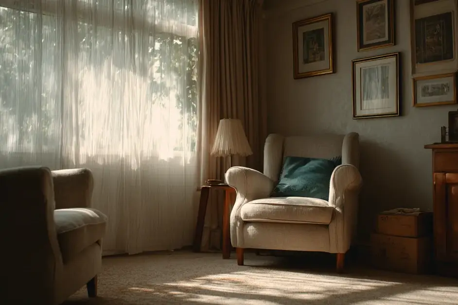 Sunlit living room in a long-lived-in family home with two armchairs, framed pictures on the wall and a cardboard box on the floor