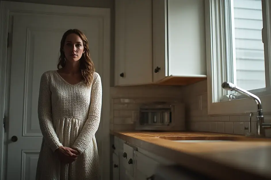 Woman standing still in a plain daylit kitchen with her hands held at her sides, facing the closed drawers of the counter