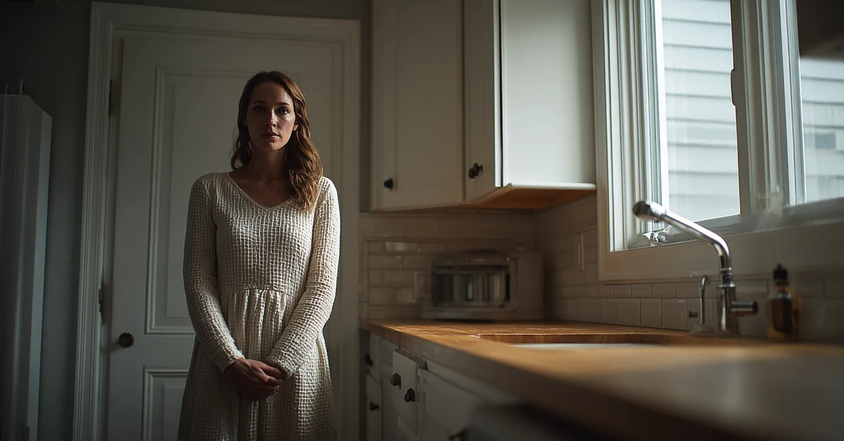 Woman standing still in a plain daylit kitchen with her hands held at her sides, facing the closed drawers of the counter